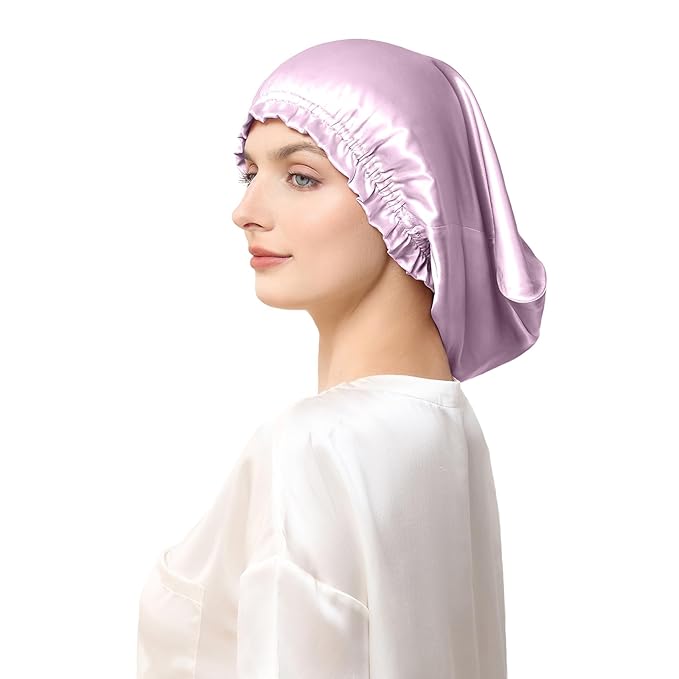 THXSILK 100% Mulberry Silk Bonnet for Sleeping Women, Silk Bonnet with Elastic Band, Hair Wrap Cap for Women Curly Hair, Light Purple