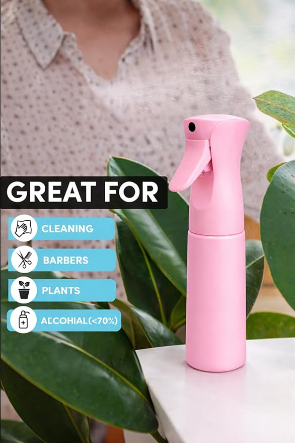 Hula Home Continuous Spray Bottle for Hair (10.1oz/300ml) Empty Ultra Fine Plastic Water Mist Sprayer – For Hairstyling, Cleaning, Salons, Plants, Essential Oil Scents & More - Pink
