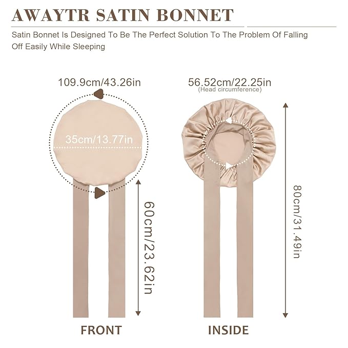 Satin Hair Bonnet with Wide Band Silk Sleeping Bonnets Hair Wrap for Women Girls Night Cap with Tie Band Satin Bonnet (Light Champagne)