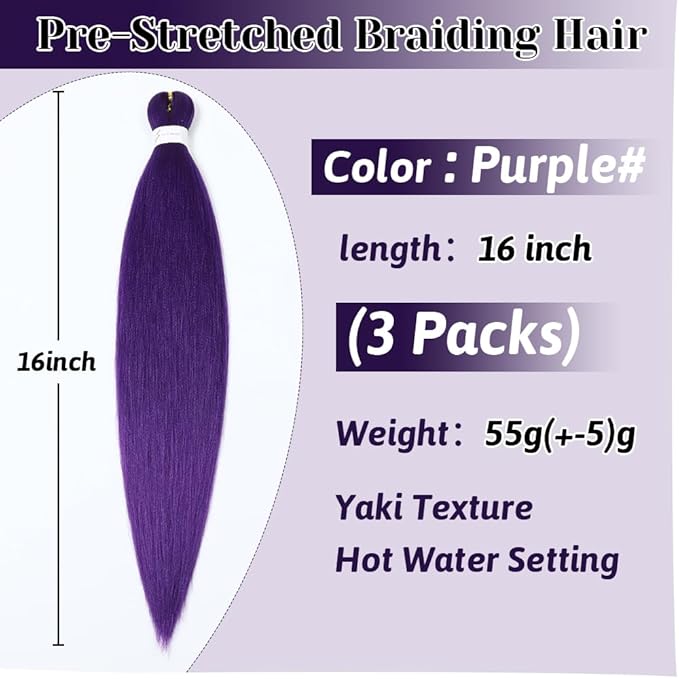 Umylar Purple Braiding Hair Extensions 16 Inch Pre stretched Braiding Hair Hot Water Setting Synthetic Hair Colored Braiding Hair Pre Stretched Crochet Braids Hair