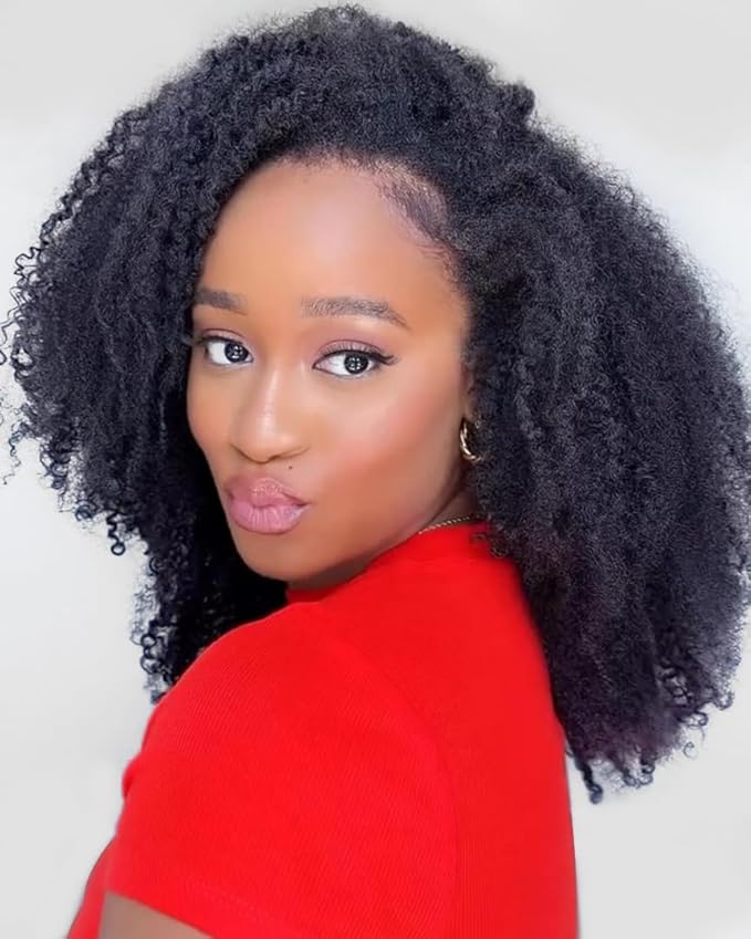 ‌Kinky Curly Half Wig Human Hair With Drawstring 200% Density, Seamless 3 In 1 Flip Over Afro Kinky Curly Wig Human Hair Glueless Wear and Go Headband Curly Half Wigs for Black Women 18 Inch