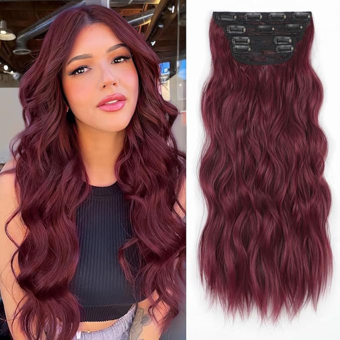 ALXNAN Clip in Long Wavy Synthetic Hair Extension 20 Inch Burgundy 4PCS Thick Hairpieces Fiber Double Weft Hair for Women