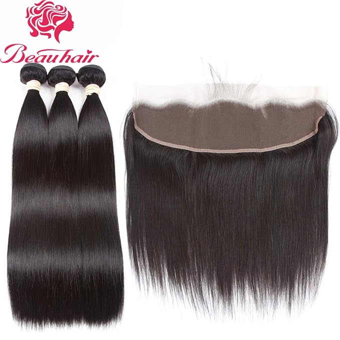 3 Bundles with Lace Frontal Straight Virgin Hair Weave 13x4 Ear to Ear Frontal Lace Closure with Baby Hair 9A Unprocessed Human Hair Extension (26 26 26+20Frontal)