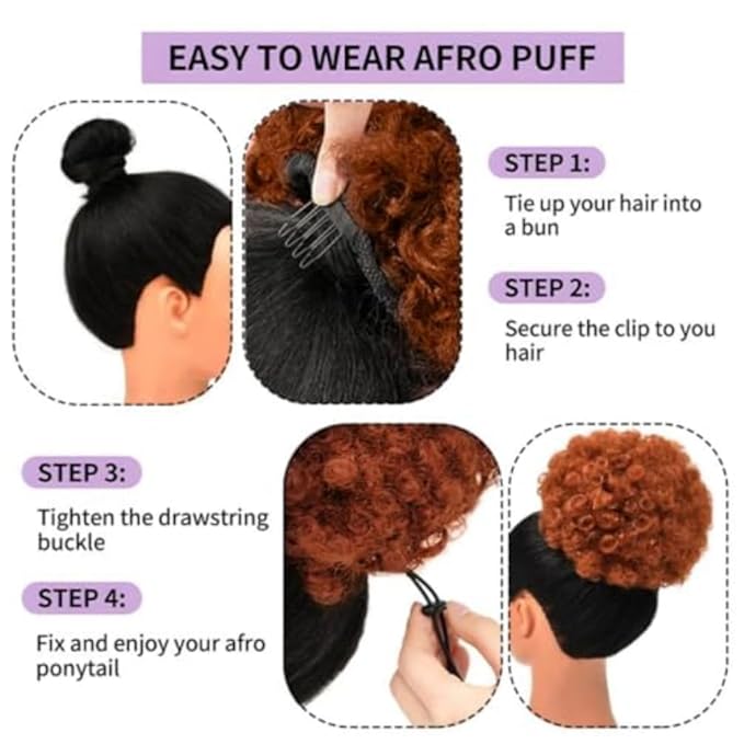 YEAME Afro Puff Drawstring Ponytail for Black Women, Short Kinky Curly Synthetic Hair Puffs, Purple Bun for Women Girls (Dark Orange)