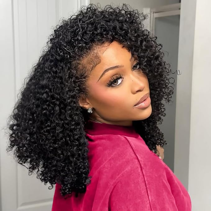 Kinky Curly Half Wig Human Hair 26 Inch Wear Go Glueless Wigs Human Hair 200% Density Curly Half Wigs for Black Women Human Hair Afro Curly Drawstring Seamless Flip Wig Invisible Hairline