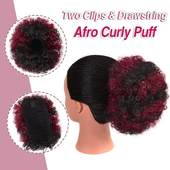 rosmile Afro Puff Drawstring Ponytail Extension for Black Women, Premium Black to Burgundy 80 Gram Short Synthetic Afro Puff Ponytail for Natural Hair, Clip on Kinky Drawstring Curly Ponytail Bun