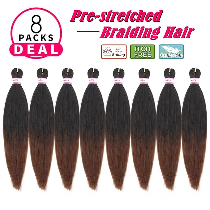 Dorsanee Braiding Hair Pre Stretched 18 Inch 8 Packs Ombre Brown Braiding Hair Extensions for Crochet Box Braids Twists Locs Hair Soft Yaki Texture Hot Water Setting (18inch,#1B/30)
