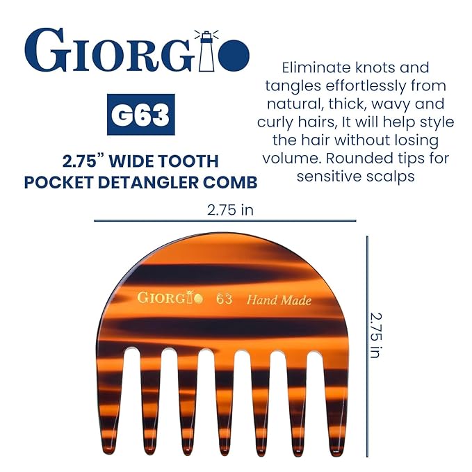 Giorgio G63 Wide Tooth Detangling Comb for Thick Hair, Travel Pocket Comb for Wet and Dry Everyday Care - Handmade, Saw-Cut, and Polished