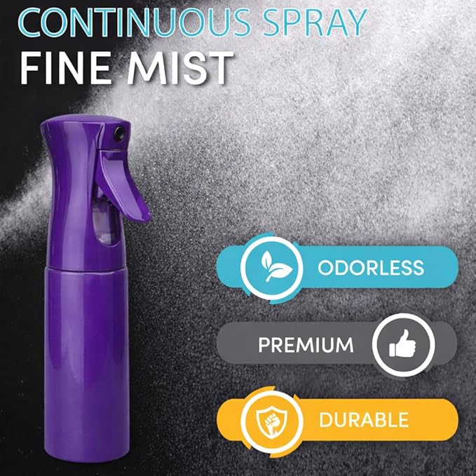 Hula Home Continuous Spray Bottle for Hair (10.1oz/300ml) Empty Ultra Fine Plastic Water Mist Sprayer – For Hairstyling, Cleaning, Salons, Plants, Essential Oil Scents & More - Purple