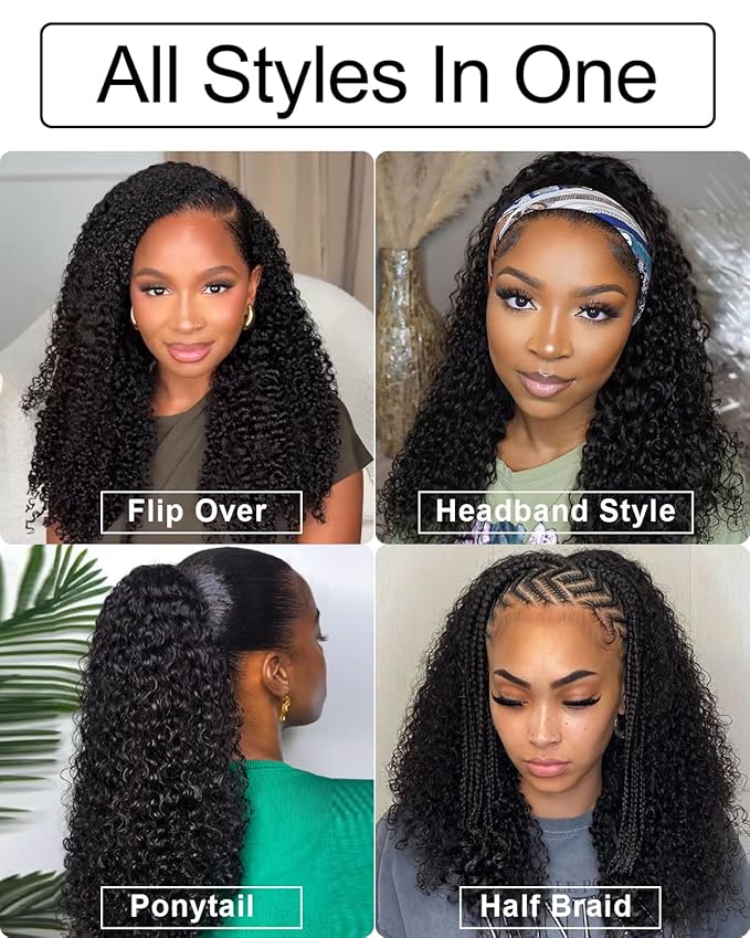 BEEOS Kinky Curly Half Wig for Women, 100% Remy Human Hair Drawstring Glueless Half Wigs 180% Density, Seamless Flip Over Headband Wig 24 Inch