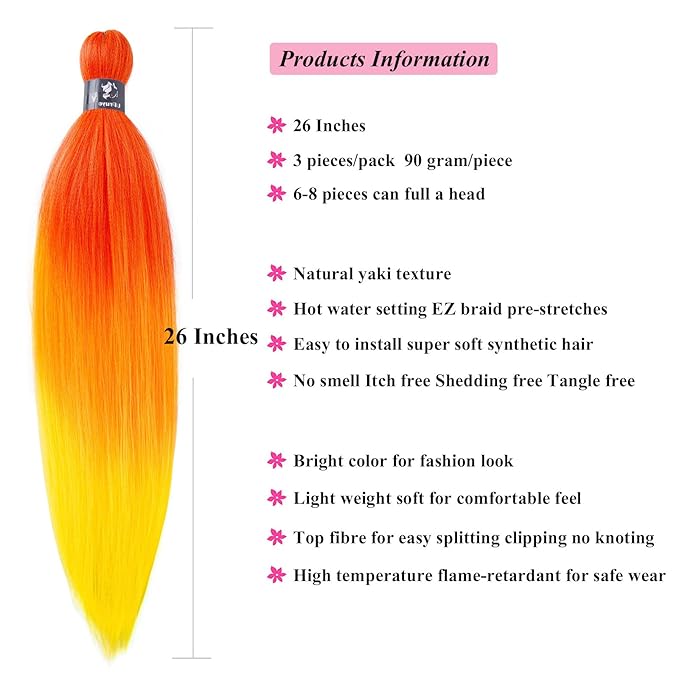Red Orange Yellow Ombre Braiding Hair Pre Stretched Kanekalo Colored Braiding Hair Extensions for Braiding Box Braids Prestretched Pre Sectioned Braiding Hair Ombre 26 inch