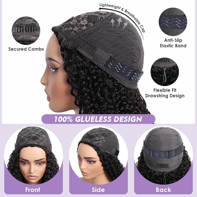Eooma Half Wig Human Hair 220 Density Kinky Curly half wig Upgrade 3 IN 1 Drawstring Seamless Flip Glueless Wigs for Women Invisible Hairline Beginner Friendly Headband Wig 18 Inch