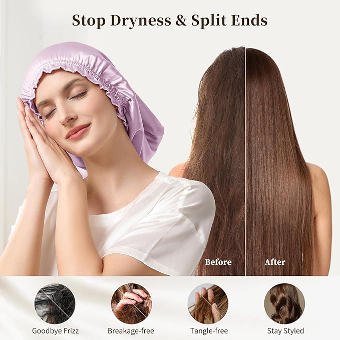 THXSILK 100% Mulberry Silk Bonnet for Sleeping Women, Silk Bonnet with Elastic Band, Hair Wrap Cap for Women Curly Hair, Light Purple