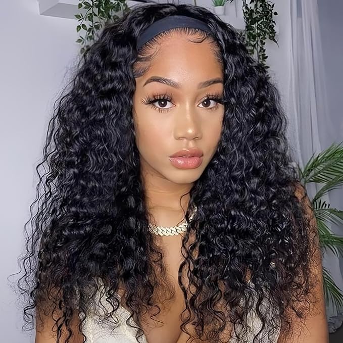 SENSAIRUITE Headband Wig Human Hair 20 Inch Deep Wave Headband Wigs for Black Women 180% Density Wear and Go Glueless Curly Wig Natural Color