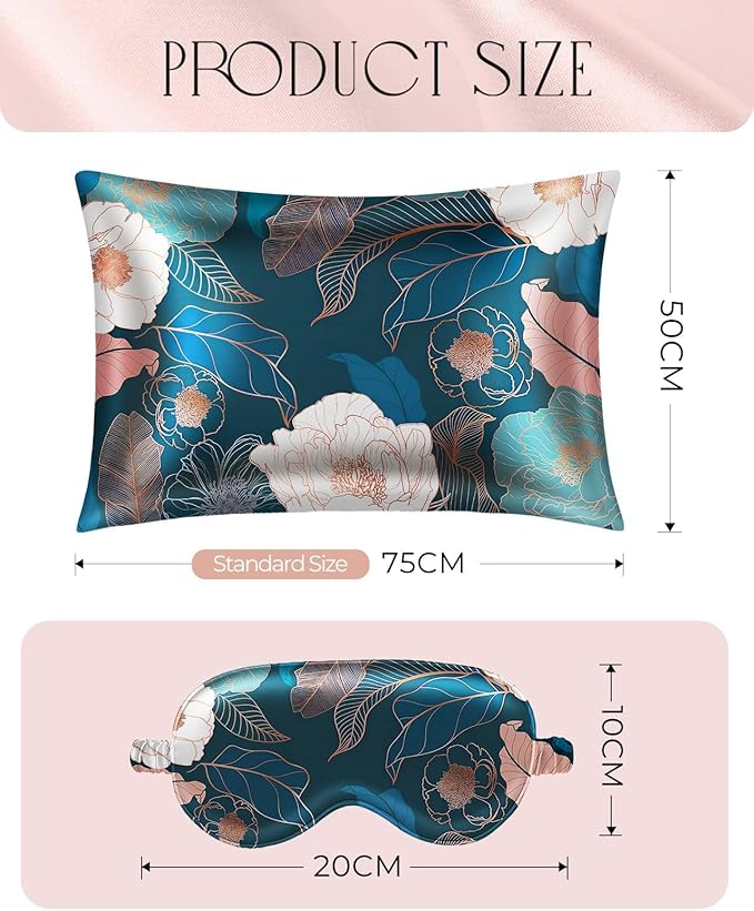 Mulberry Silk Pillow Case for Hair and Skin 19 Momme Standard 26"x20" Dark Blue Peony Silk Pillowcase with Eye Mask & Scrunchie Soft Silk Pillowcase Sleeping for Moms, Women