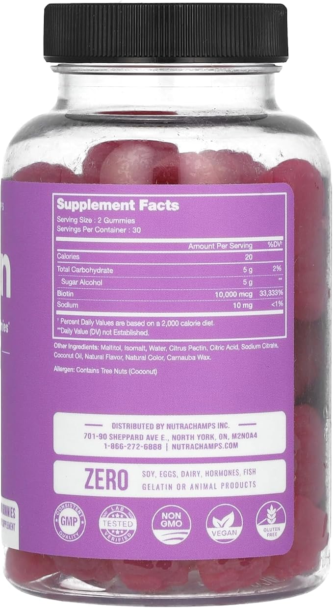 NutraChamps Sugar Free Biotin Gummies 10000mcg [High Potency] - Healthy Hair, Skin & Nails for Women, Men & Kids - 5000mcg in Each Gummy - Vegan, Non-GMO, Hair Health Vitamins Supplement - Raspberry
