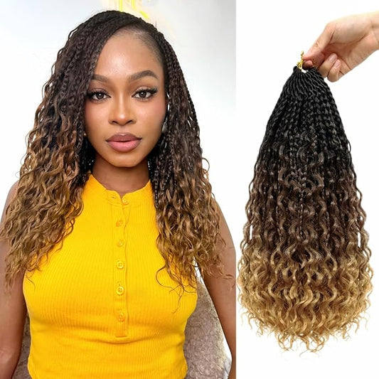 Eacia Goddess Box Braids Crochet Hair 14 Inch 7 Packs Ombre Pre Looped Crochet Hair with Curly Ends Short Boho Box Braids for Women(14 Inch, T1B/30/27#)