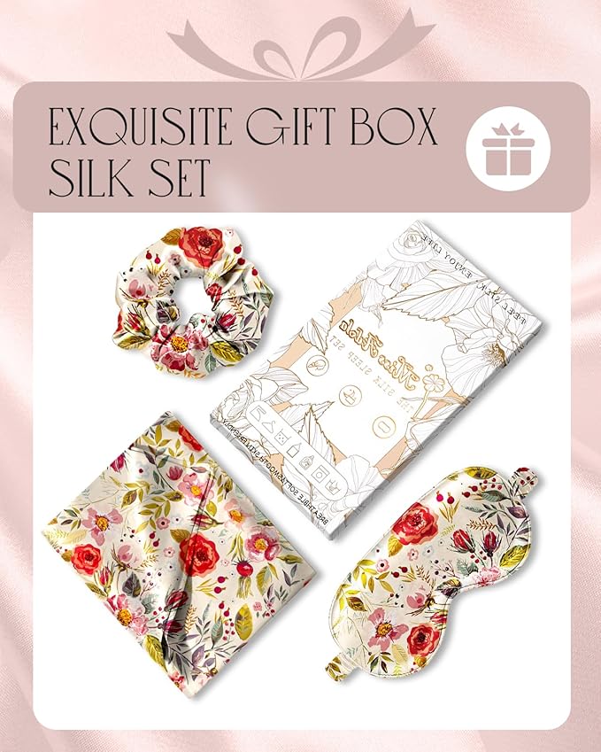 Mulberry Silk Pillow Case for Hair and Skin 19 Momme Standard 26"x20" Retro Flower Silk Pillowcase with Eye Mask & Scrunchie Soft Silk Pillowcase Sleeping for Moms, Women