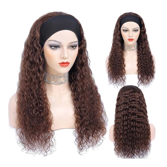 24 Inch #4 Brown Headband Wigs Human Hair Water Wave Wigs for Black Women Brazilian Virgin Hair Glueless None Lace Front Half Wig Wear and Go Chocolate Brown Headband Wigs Human Hair