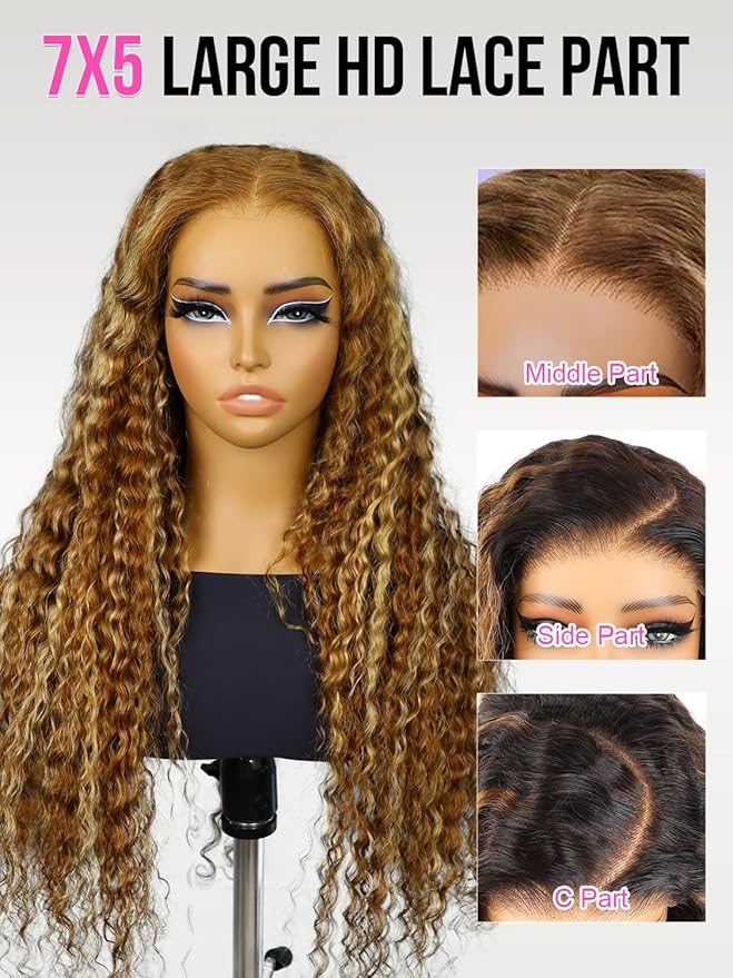 BGM GIRL Highlight Glueless Wig Human Hair 7x5 HD Lace Water Wave Wig 4/27 Color 180% Density Pre Plucked Invisible Knots Pre Cut Lace Wear Go Deep Wave Wigs for Women Beginner Friendly 18 Inch