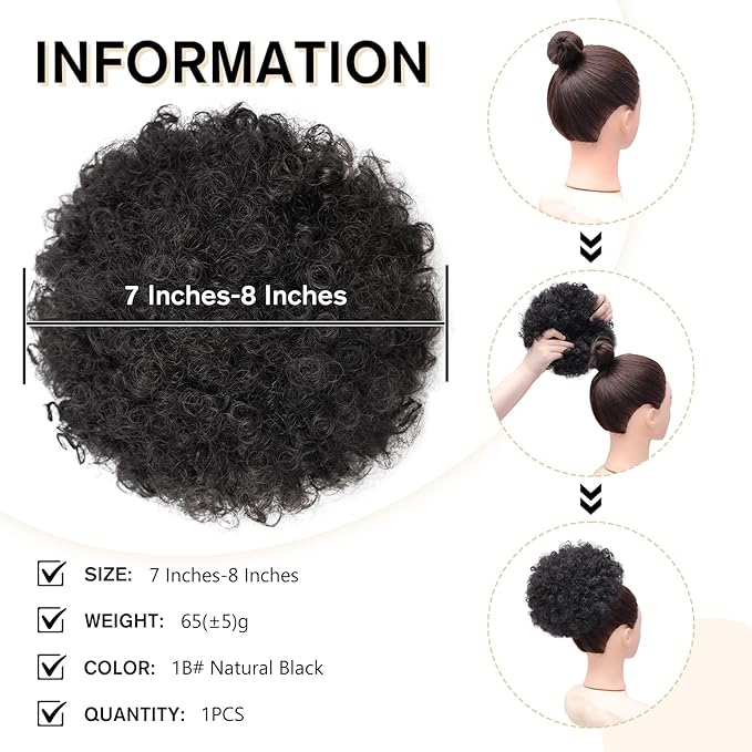 AISI QUEENS Afro Puff Drawstring Ponytail Synthetic Short Afro Kinkys Curly Afro Bun Extension Natural Black Hairpieces Updo Hair Extensions for Women Girls (1B#)