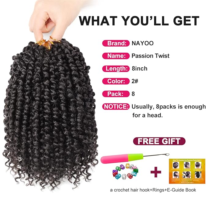 Passion Twist Hair - 8 Packs 8 Inch Passion Twist Crochet Hair For Women, Crochet Pretwisted Curly Hair Passion Twists Synthetic Braiding Hair Extensions(8 Inch 8 Packs, #2)