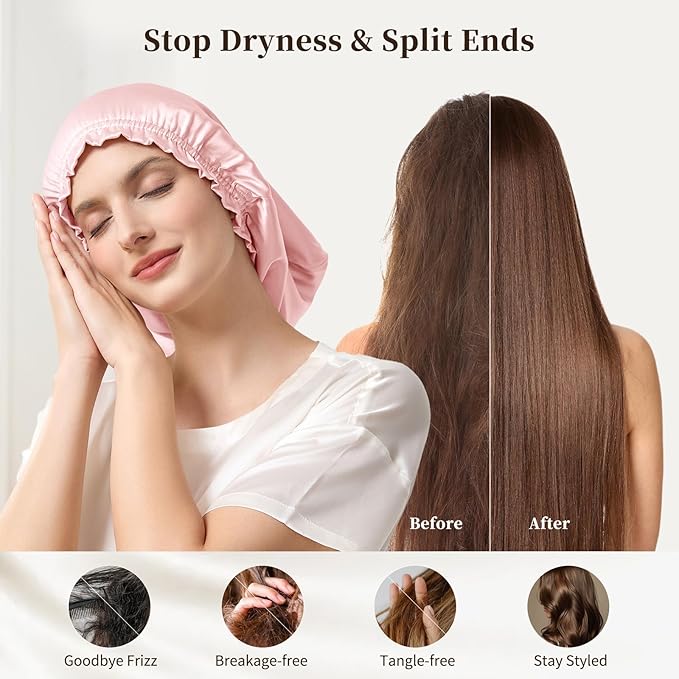 THXSILK 100% Mulberry Silk Bonnet for Sleeping Women, Silk Bonnet with Elastic Band, Hair Wrap Cap for Women Curly Hair, Pink