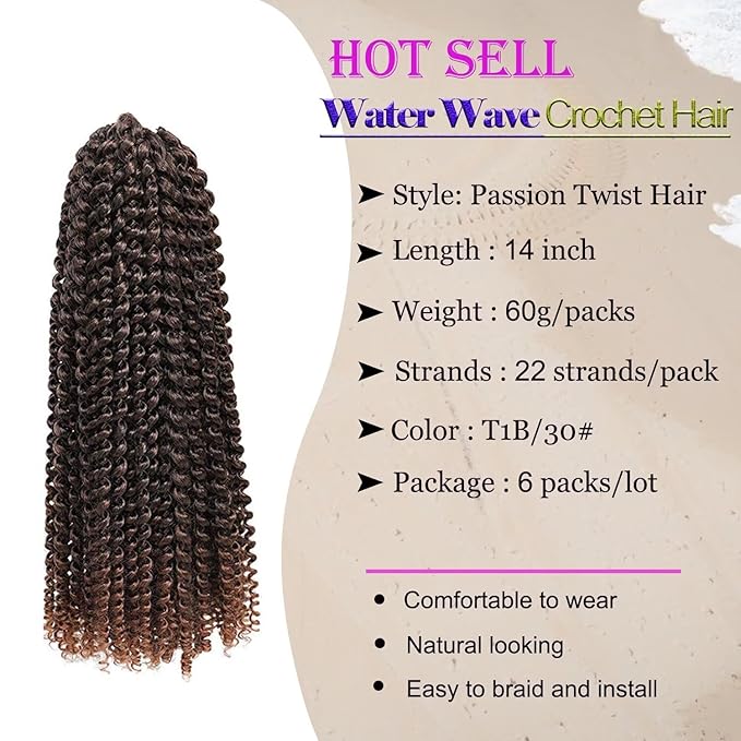 14inch Passion Twists Hair - Ombre Water Wave Crochet Hair for Black Women,Bohemian Curly Braiding Hair for Butterfly Locs,Faux Locs,Boho Style Crochet Braids Hair Extensions(T30#, 132 Strands)