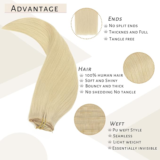 Caliee Platinum Blonde Clip-in Hair Extensions 60A 22Inch 110G Full Head Seamless Real Human Hair Extensions 7Pcs Fluffy Not Tangled Thick Clip-on Extensions Natural Hair for Women