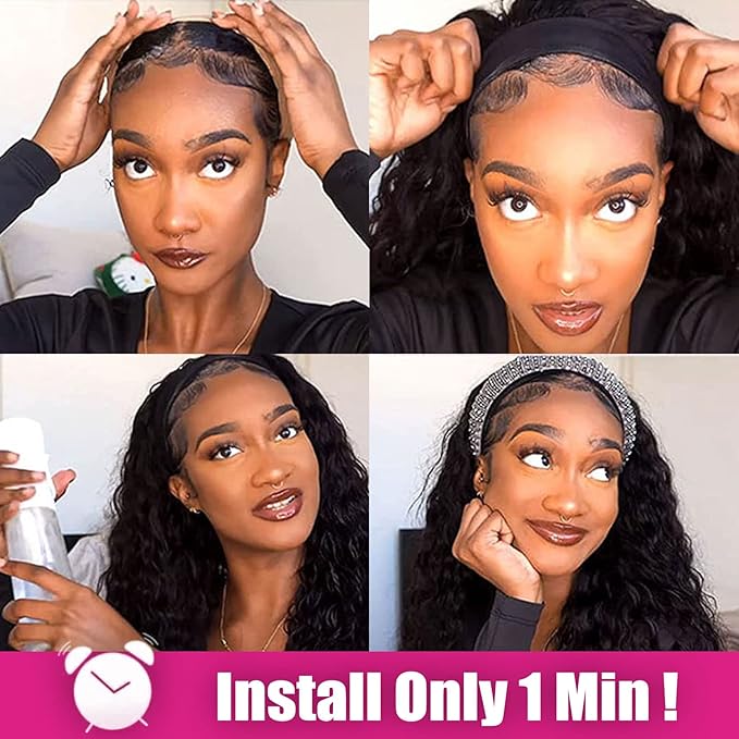 AISI QUEENS Human Hair Headband Wigs for Black Women - Curly, Glueless, Easy Wear - 10 Inch, Medium Cap Size (21.5 Inch)