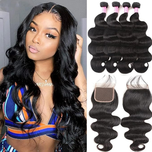 YISEA Body Wave 4 Bundles with Closure(22 24 26 28+20) 100% Unprocessed Brazilian Body Wave Human Hair Bundles with 4X4 Lace Closure Free Part Natural Color