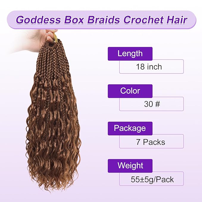 Eacia Goddess Box Braids Crochet Hair 18 Inch 7 Packs Pre Looped Boho Box Braids With Curly Ends Bohomian Curly Crochet Hair Extensions for Women(18 Inch, 30#)