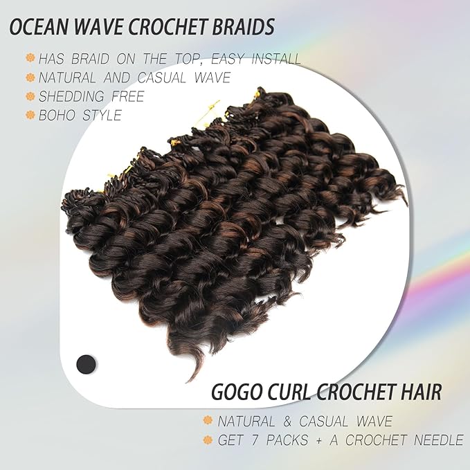Short Crochet Hair Curly Highlight 4/30 Brown GoGo Curl Crochet Hair for Black Women Ocean Deep Water Wave Beach Curl Crochet Braids Soft Like Human Hair 7 Pack Natural Look Hair Extensions