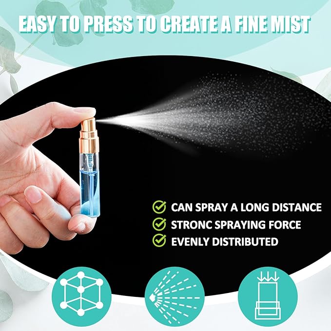 Zhehao 100 Pcs Mini Spray Bottles 5 ml Clear Glass Perfume Bottles Refillable Fine Mist Perfume Atomizer Portable Empty Sample Containers for Cleaning, Essential Oils, Travel (Gold Cap)