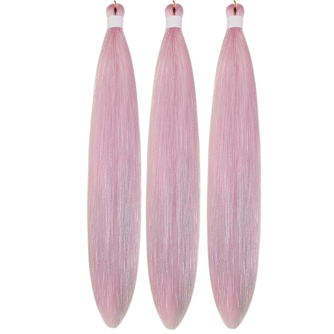 Tinsel Braiding Hair Pre stretched Light Pink Braiding Hair for Glitter Braids Festival Braids Non Toxic Hypoallergenic