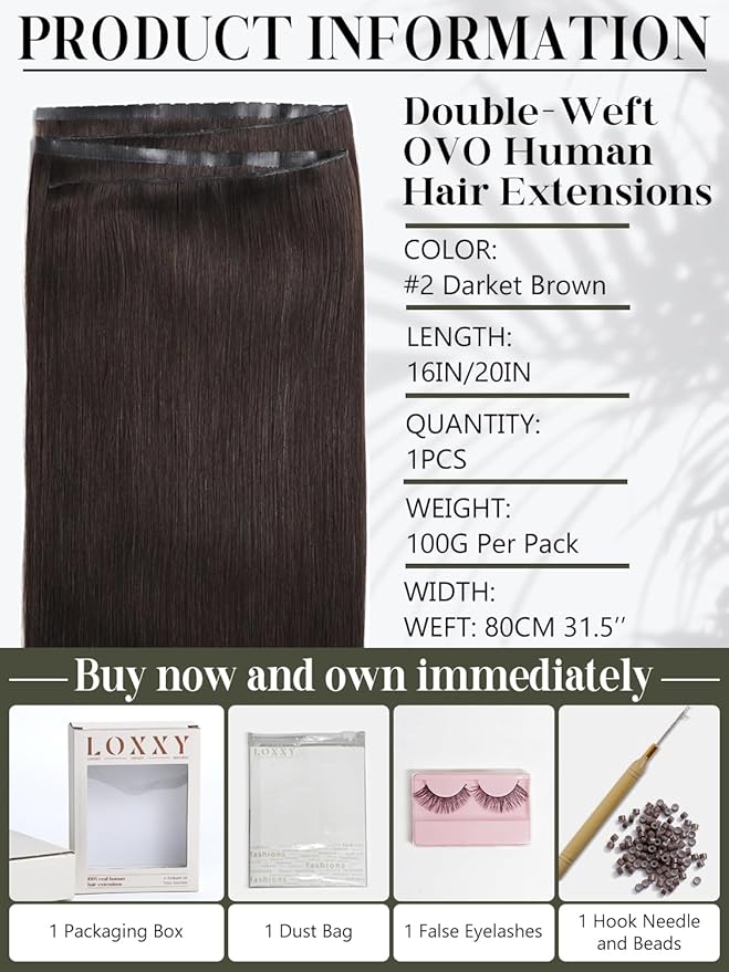 LOXXY Double Weft Invisible PU OVO Human Hair Extensions - Seamless Darkest Brown Straight Butterfly Weft Hair Extensions - 20 Inch 100g Glueless Micro Beads Real Human Remy Hair, Weft Width 31.5"
