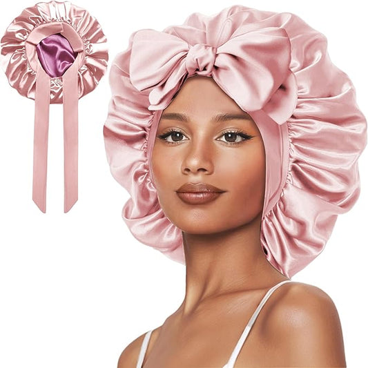 Double Layer Silk Bonnet with Tie Satin Lined Sleep Cap Hair Cover for Women's Curly Natural Hair