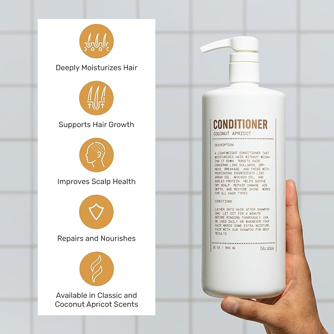Blu Atlas Men's Natural Conditioner – Organic, Sulfate-Free, Paraben-Free – Deep Moisturizing & Scalp Soothing – Coconut Apricot Scent – Made in America – 32 oz