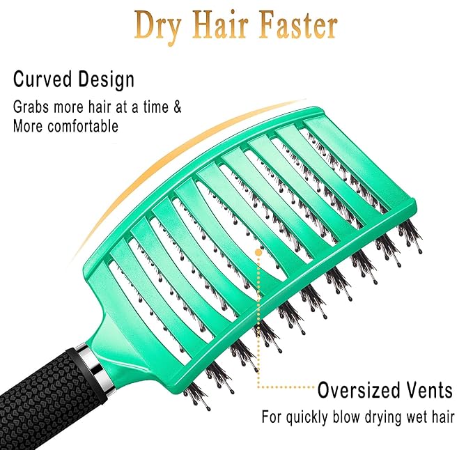 KTKUDY Detangling Brush Boar Bristles Hairbrush Make Hair Shiny & Healthier Curved and Vented Detangler Brush for Women Men Kids Wet & Dry Hair (Light green)