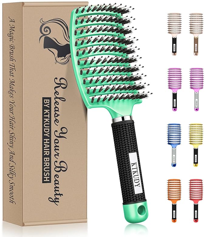 KTKUDY Detangling Brush Boar Bristles Hairbrush Make Hair Shiny & Healthier Curved and Vented Detangler Brush for Women Men Kids Wet & Dry Hair (Light green)
