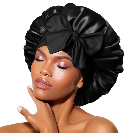 BONNET QUEEN Silk Bonnet for Sleeping Women Satin Bonnet Night Sleep Cap Hair Wrap for All Hair with Adjustable Tie Band,Black