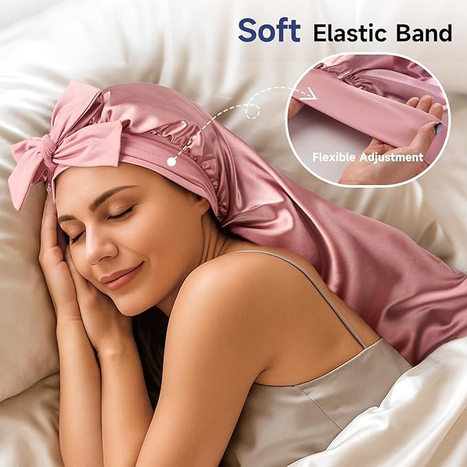 Umisleep Silk Bonnet for Sleeping Women, 22 Momme Mulberry Real Silk, Long Hair Bonnet for Braids & Curls to Reduce Frizz, Double Layer Hair Wrap with Soft Adjustable Tie Band, Pink