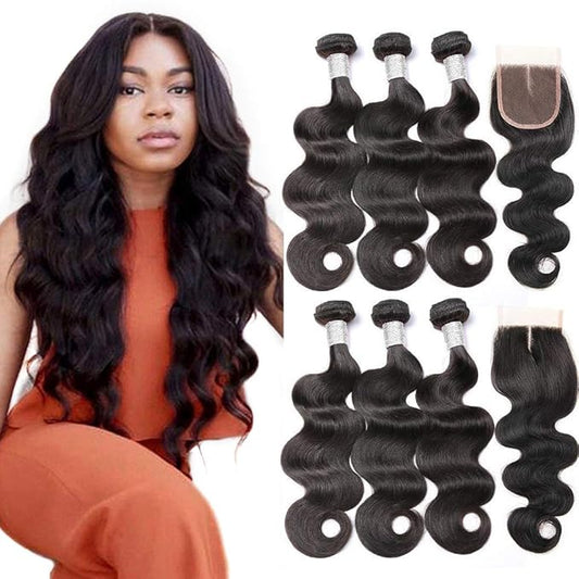 Beauty Princess Brazilian Body Wave with Closure 10A Unprocessed Brazilian Hair 3 Bundles with Middle Part Closure Natural Black Human Hair Bundles With Closure(18 20 22with 16)