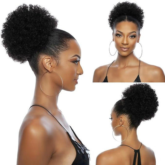 Afro Puff Ponytail Drawstring Wigs for Black Woman 6 Inch Natural Black 100% Human Hair Puff Ponytail Extension Clip On Kinky Drawstring Curly Ponytail Bun Durable Natural Soft and Smooth Hairpiece