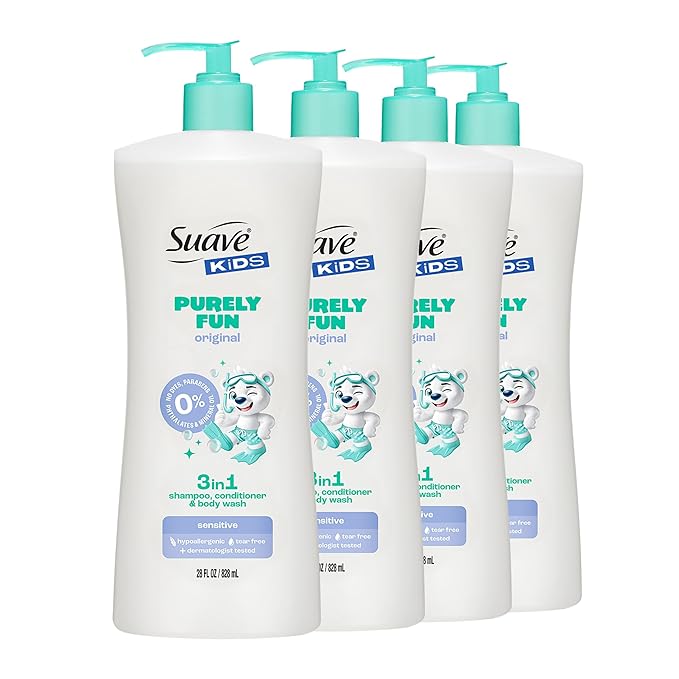 Suave Kids Purely Fun 3 in 1 Shampoo, Conditioner & Body Wash, Original Clean Scent, Hypoallergenic, Tear-Free Formula, Dermatologist Tested, 4 Count, 28 FL OZ