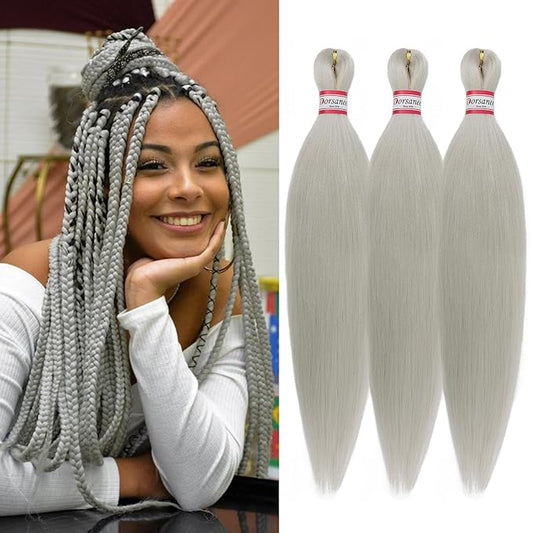 Dorsanee Grey Braiding Hair Pre Stretched 20 Inch 3 Packs Professional Easy Braiding Hair for Crochet Braids Twists Locs Hair Soft Yaki Texture Hot Water Setting Synthetic Hair Extensions