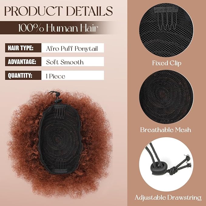 Ponytail Extension for Black Women 100% Human Hair 8 Inch #33 Dark Auburn Durable Natural Soft and Smooth Drawstring Ponytail For Women