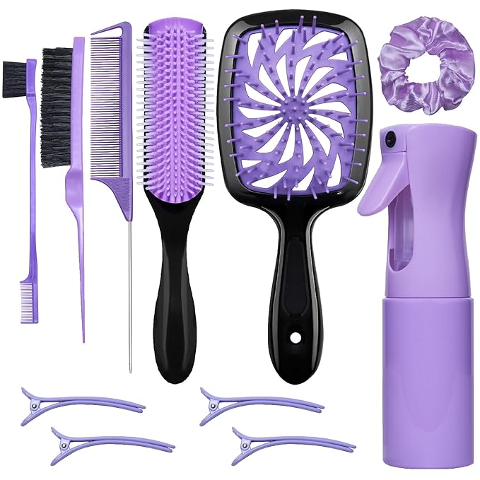 11 Pcs Hairbrush Set, Detangle Hair Brush And Spray Bottle, 3 Pieces Smooth Hairbrush For Toddlers, Suitable For Wet and Dry Hairstyles, Suitable For Adults And Children. (Purple)