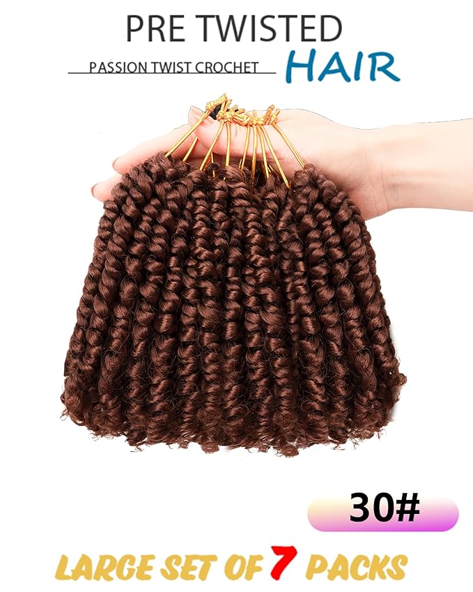 4 Inch 7 Packs Super Short Passion Twist Crochet Hair for Black Women and Kids-Pure Brown Pre Looped Pretwisted Soft Hair Extensions,Braided by Synthetic Spring Kinky Twist Bohemian Curl(4"-7P,30#)