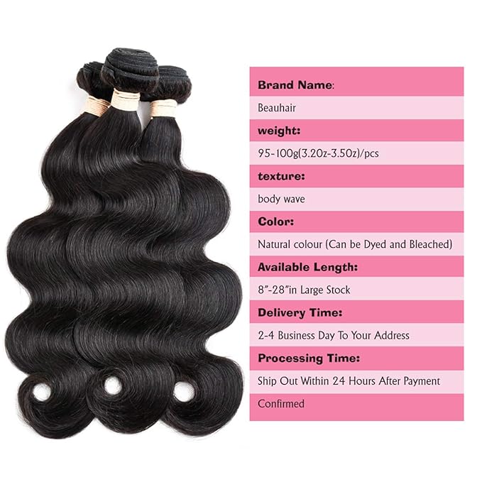 Body Wave Human Hair Bundles 100% Unprocessed Brazilian Body Wave Virgin Human Hair 4 Bundles Human Hair Extensions Natural Black Color(12 14 16 18)